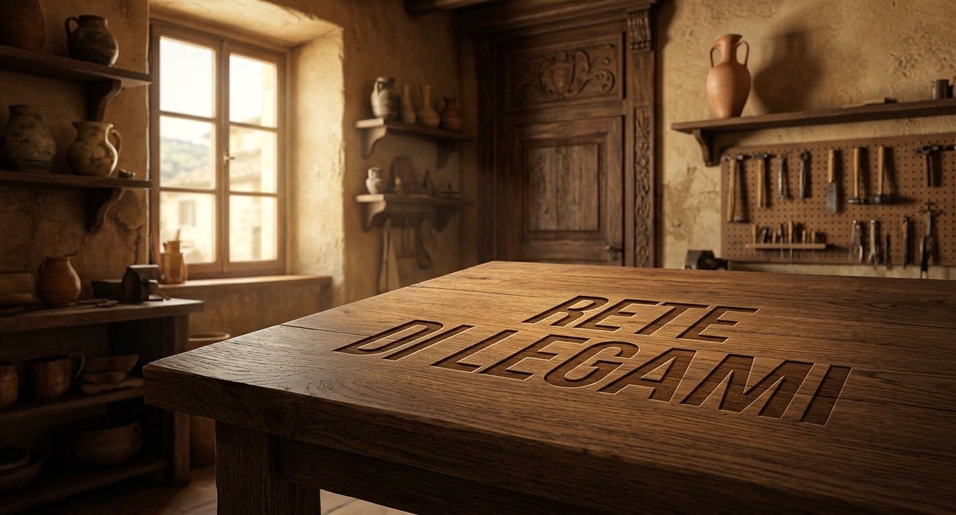 Tavolo di legno in un laboratorio artigiano con la scritta incisa «Rete di legami»; sullo sfondo vasi di terracotta e attrezzi appesi