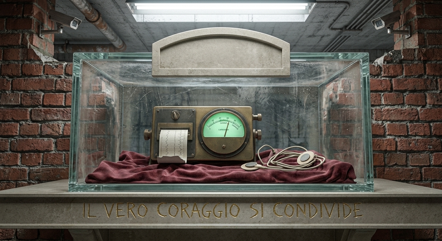 Vecchio apparecchio che registra il battito cardiaco, sotto una teca di vetro; sul piedistallo la scritta «Il vero coraggio si condivide»